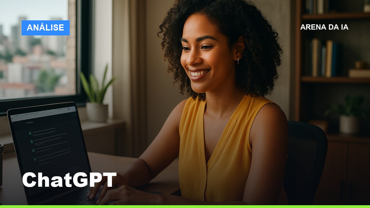 Profissional brasileira usando o ChatGPT no laptop em home office moderno