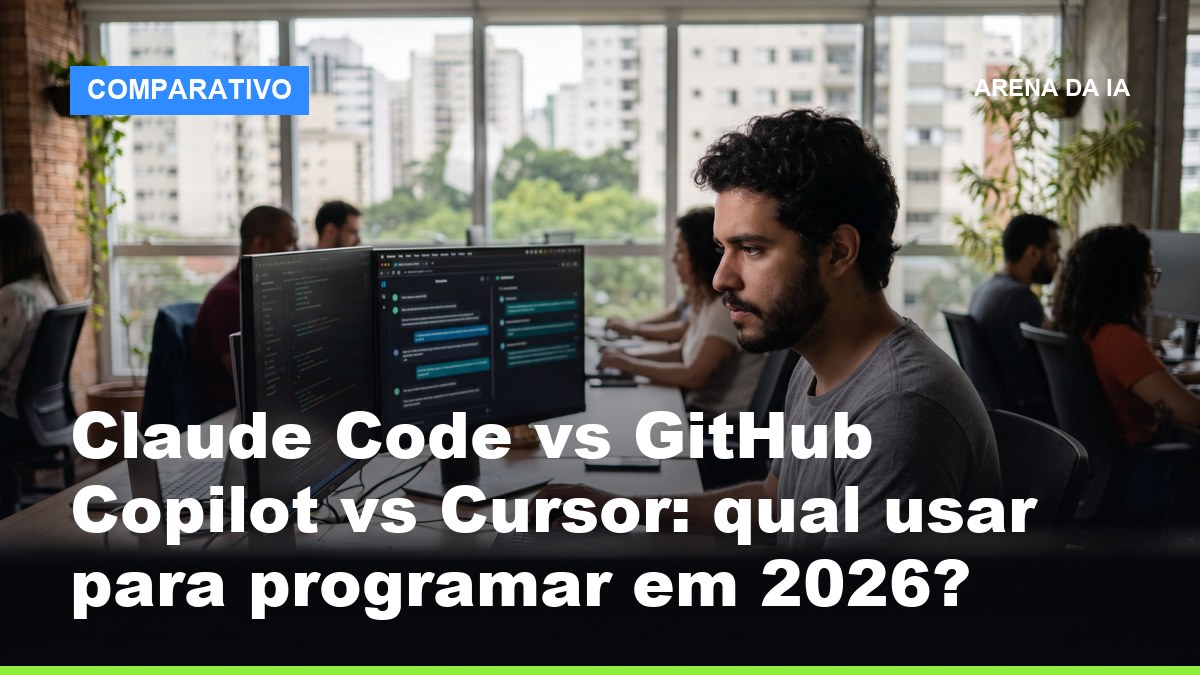 Desenvolvedor brasileiro comparando Claude Code, Copilot e Cursor em dois monitores em escritório moderno