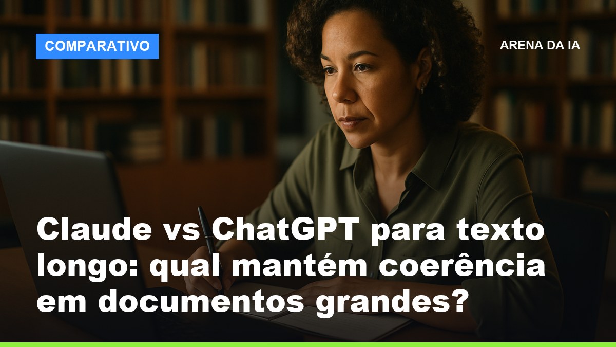 Profissional brasileira analisando documento longo com IA no laptop em escritório com estantes ao fundo