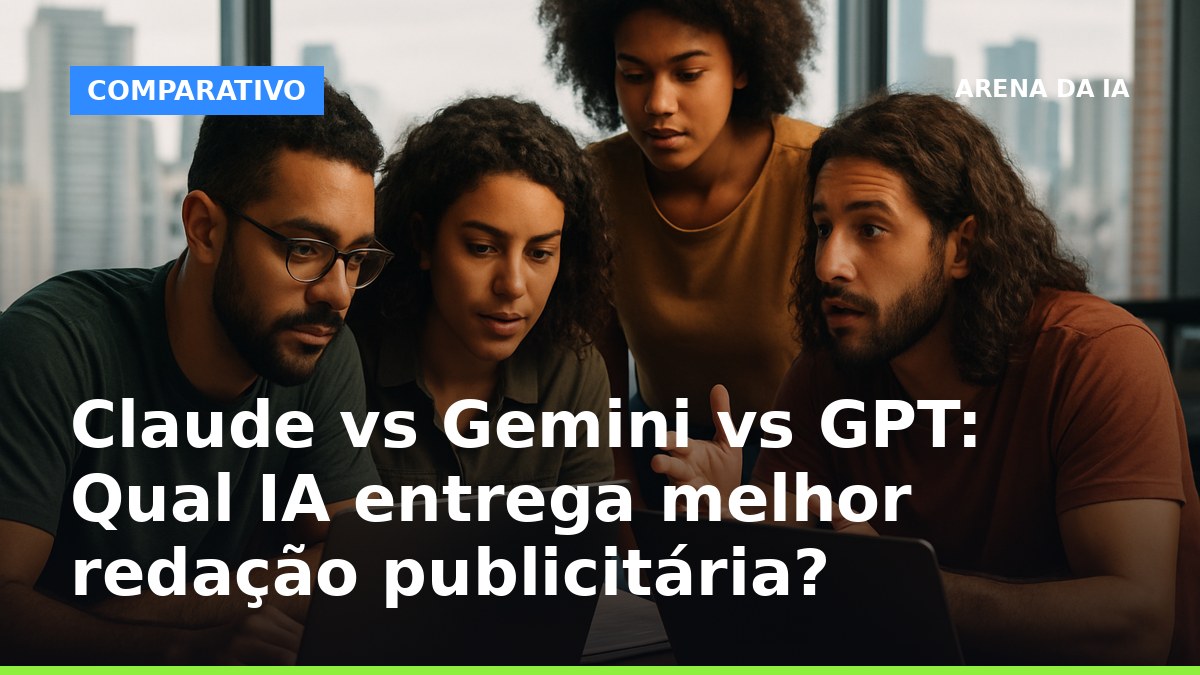 Profissionais de marketing brasileiros comparando textos publicitários gerados por IA em notebooks