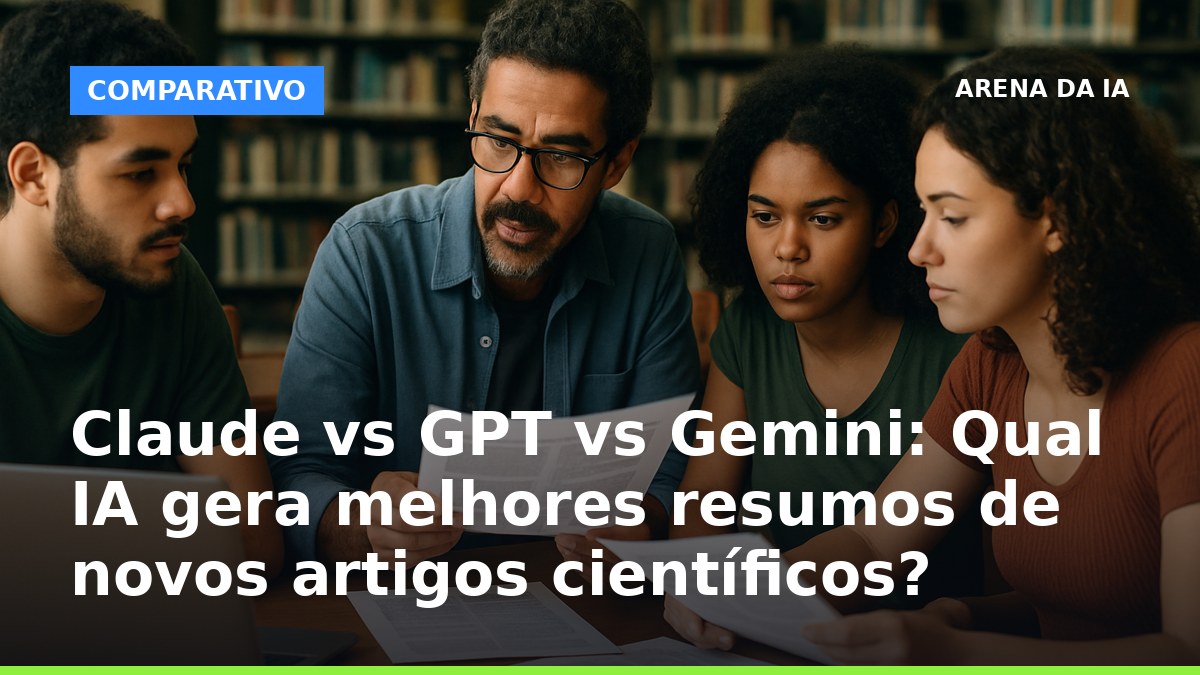 Estudantes brasileiros analisando resumos de artigos científicos gerados por IA em biblioteca universitária