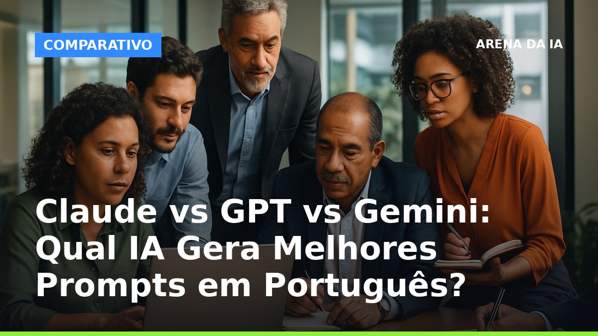 Profissionais brasileiros criando prompts em português com IA, discutindo ideias em um escritório