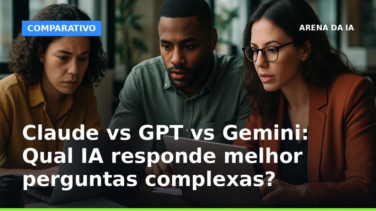 Três profissionais brasileiros analisando respostas de IA para perguntas complexas em laptops, ambiente de escritório