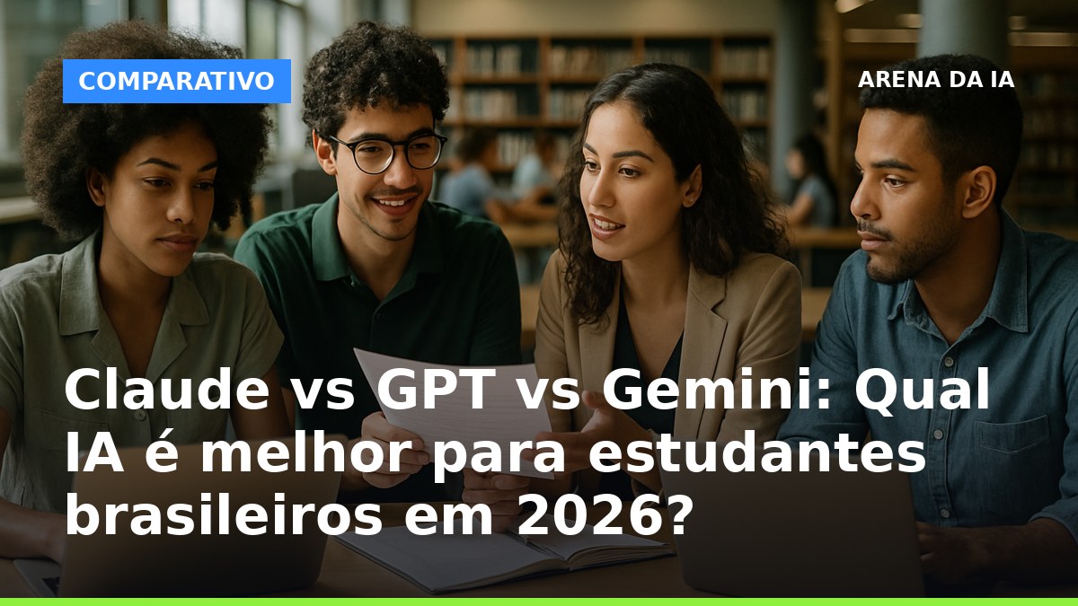 Estudantes universitários brasileiros comparando Claude, GPT e Gemini em laptops para estudos em 2026