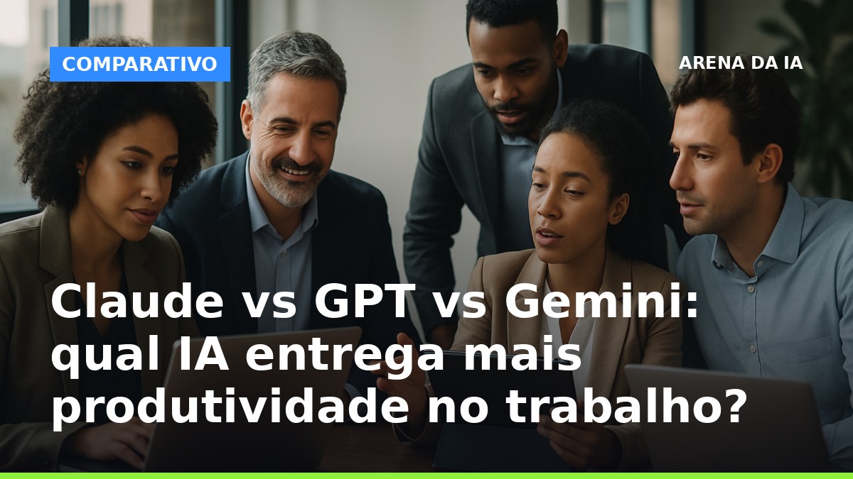 Equipe brasileira de profissionais usando IA para produtividade no trabalho em escritório moderno