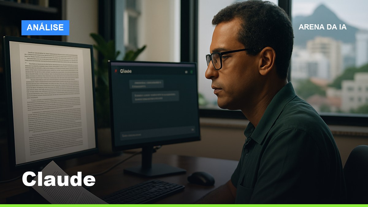 Advogado brasileiro analisando documento longo com o Claude aberto no segundo monitor