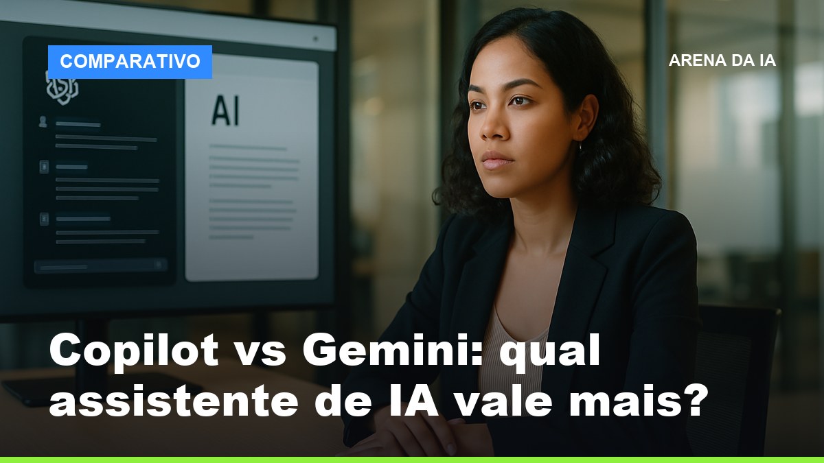 Profissional brasileira comparando Microsoft Copilot e Google Gemini em monitor de escritório