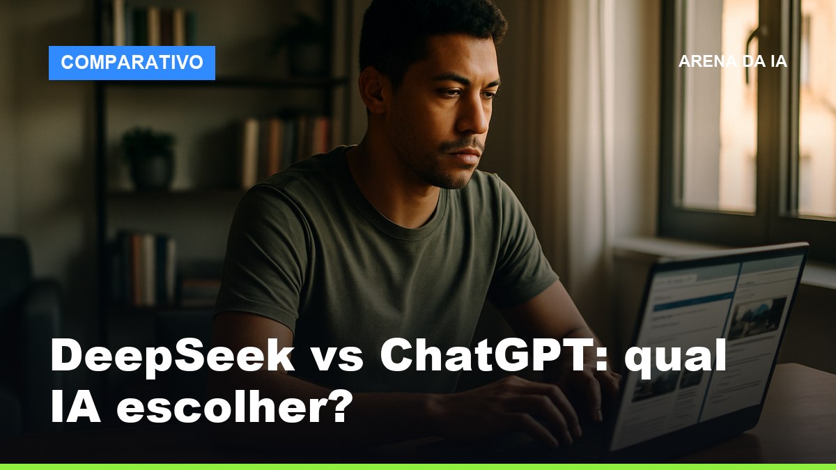 Homem brasileiro comparando DeepSeek e ChatGPT no laptop em home office com luz natural