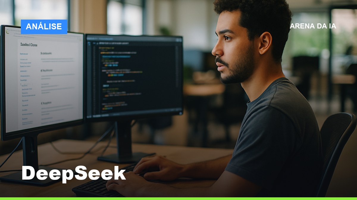 Desenvolvedor brasileiro usando a API do DeepSeek em setup de desenvolvimento com dois monitores