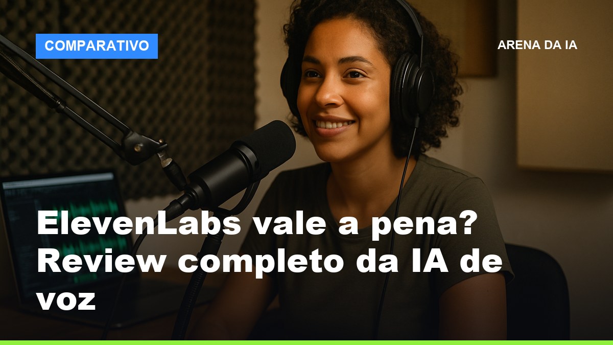 Podcaster brasileira configurando voz com ElevenLabs em estúdio caseiro com microfone profissional