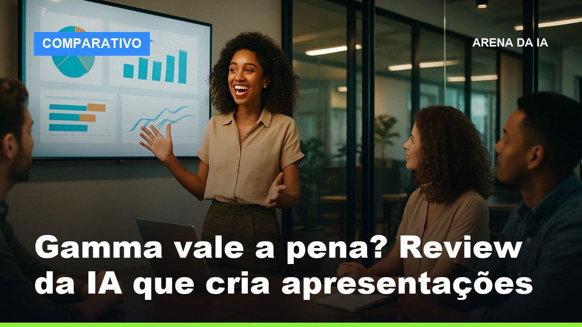 Profissional de marketing brasileira apresentando slides criados com Gamma IA para equipe em sala moderna