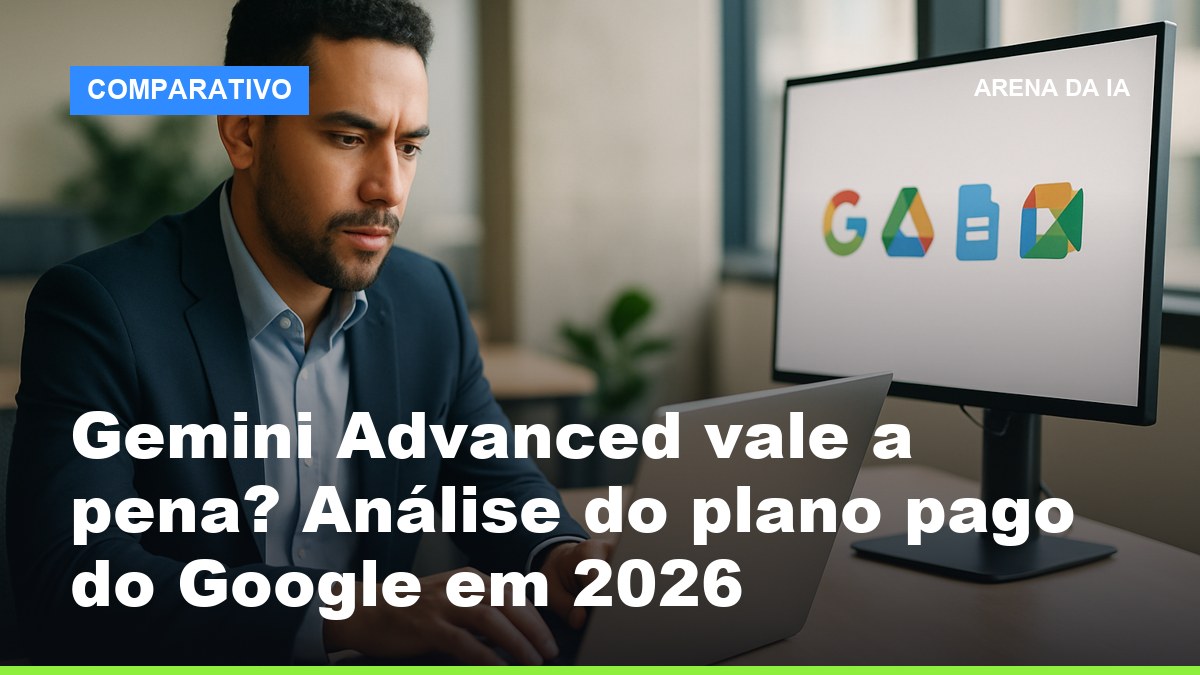Profissional brasileiro usando Google AI Pro integrado ao Workspace no escritório moderno com dois monitores