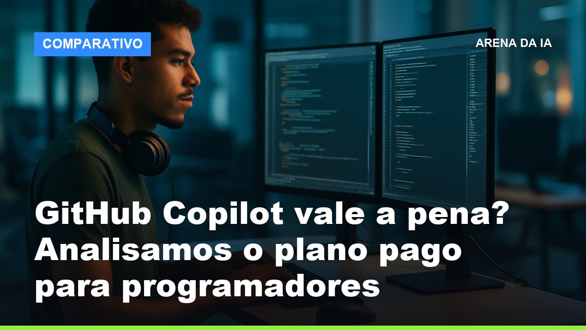 Desenvolvedor brasileiro jovem programando em setup com dois monitores e GitHub Copilot no VS Code
