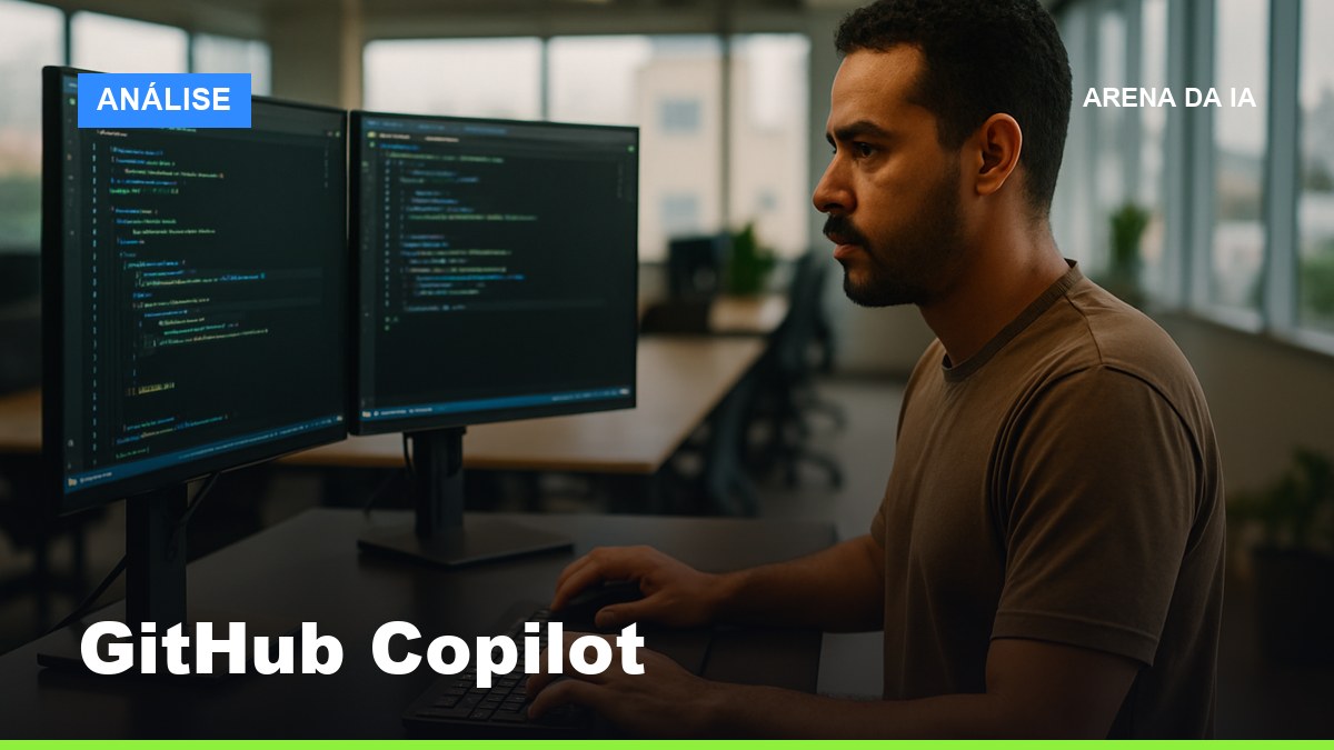 Desenvolvedor brasileiro aceitando sugestão do GitHub Copilot no VS Code em escritório de tecnologia