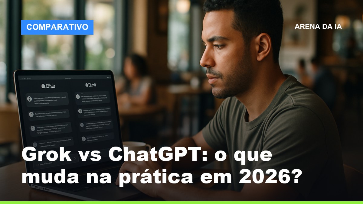 Homem brasileiro comparando Grok e ChatGPT no laptop em cafeteria com iluminação natural