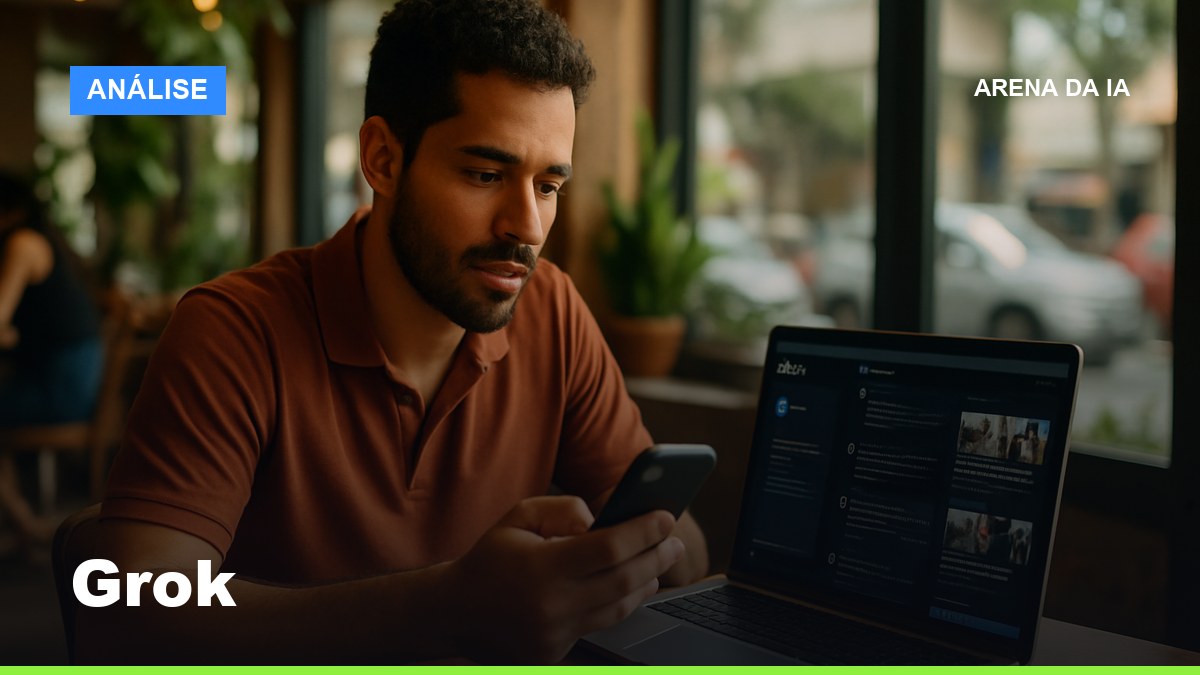 Empreendedor brasileiro monitorando o X e usando Grok para análise em tempo real em café