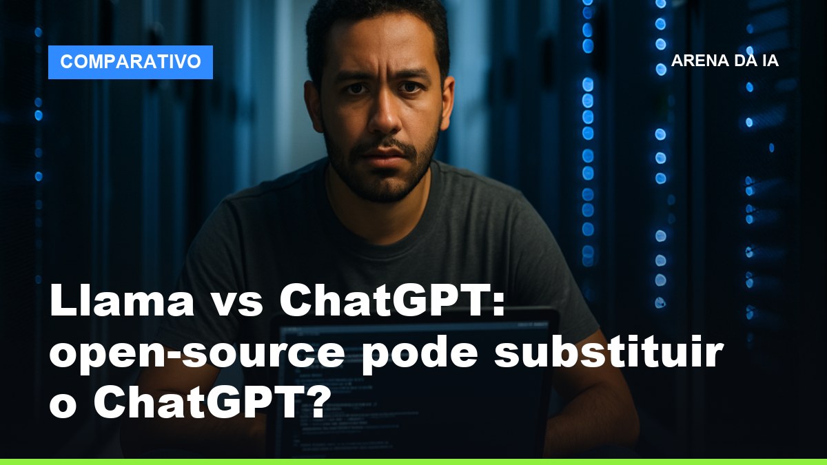 Desenvolvedor brasileiro analisando Llama open-source versus ChatGPT em ambiente de servidor