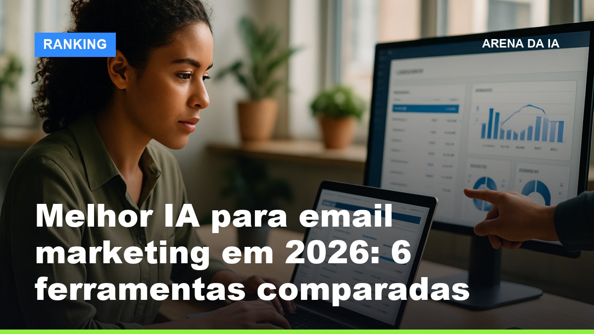 Profissional de marketing analisando campanha de email marketing com IA no computador, comparando as melhores ferramentas de 2026