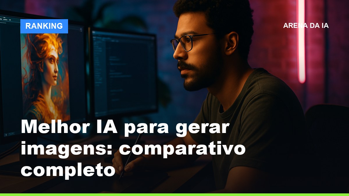 Designer gráfico brasileiro gerando imagens com IA em estúdio criativo com monitores duplos
