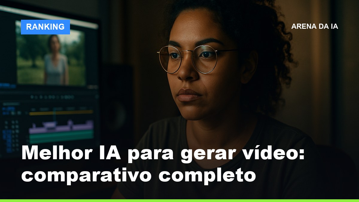 Criadora de vídeo brasileira editando conteúdo gerado por IA em estúdio com monitor grande