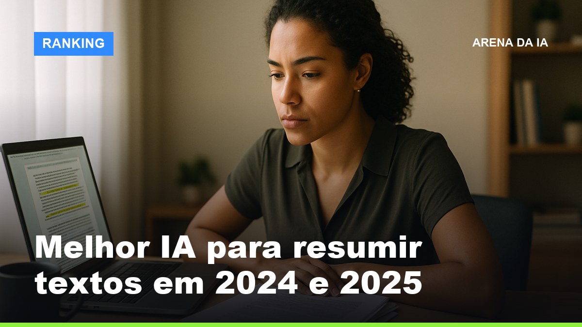 Mulher brasileira resumindo textos com IA no home office com documentos impressos ao lado