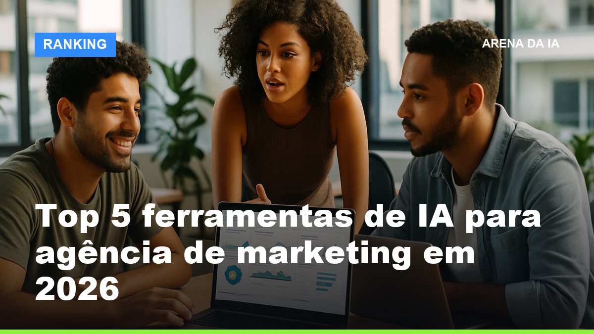 Equipe de agência de marketing brasileira usando ferramentas de IA em notebooks durante reunião de planejamento