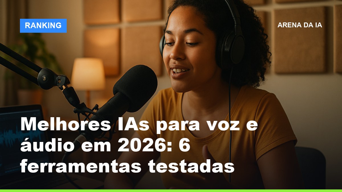Mulher brasileira gravando narração com IA de voz e áudio em estúdio caseiro de podcast