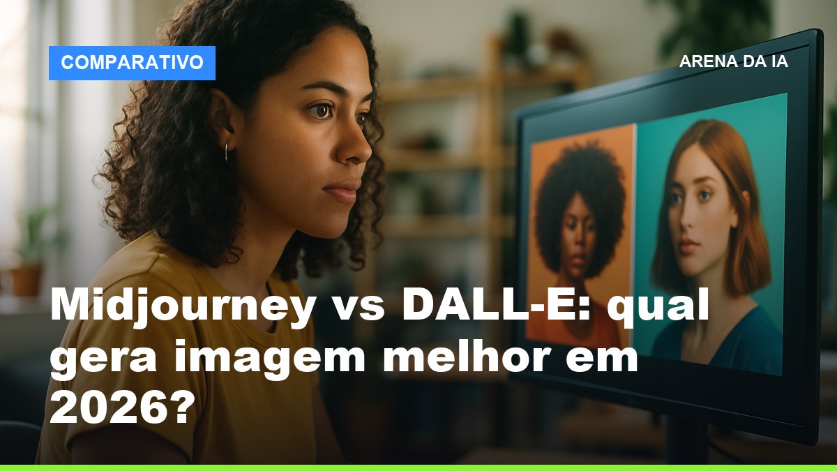 Designer brasileira comparando imagens geradas por Midjourney e DALL-E na tela do computador