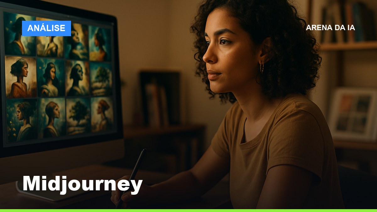 Designer gráfica brasileira selecionando imagens geradas pelo Midjourney em estúdio criativo