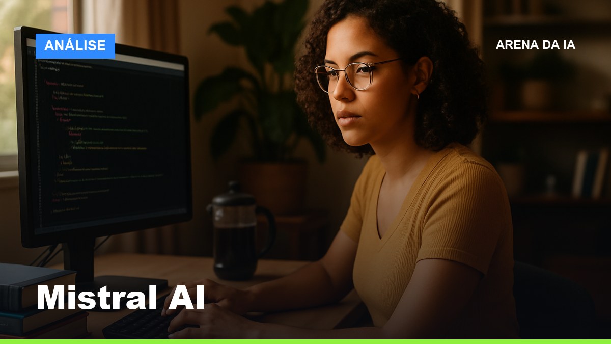Cientista de dados brasileira usando a API do Mistral AI em ambiente de desenvolvimento no home office