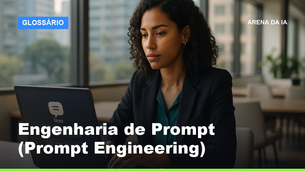 Profissional brasileira praticando engenharia de prompt ao escrever instruções para uma IA no laptop