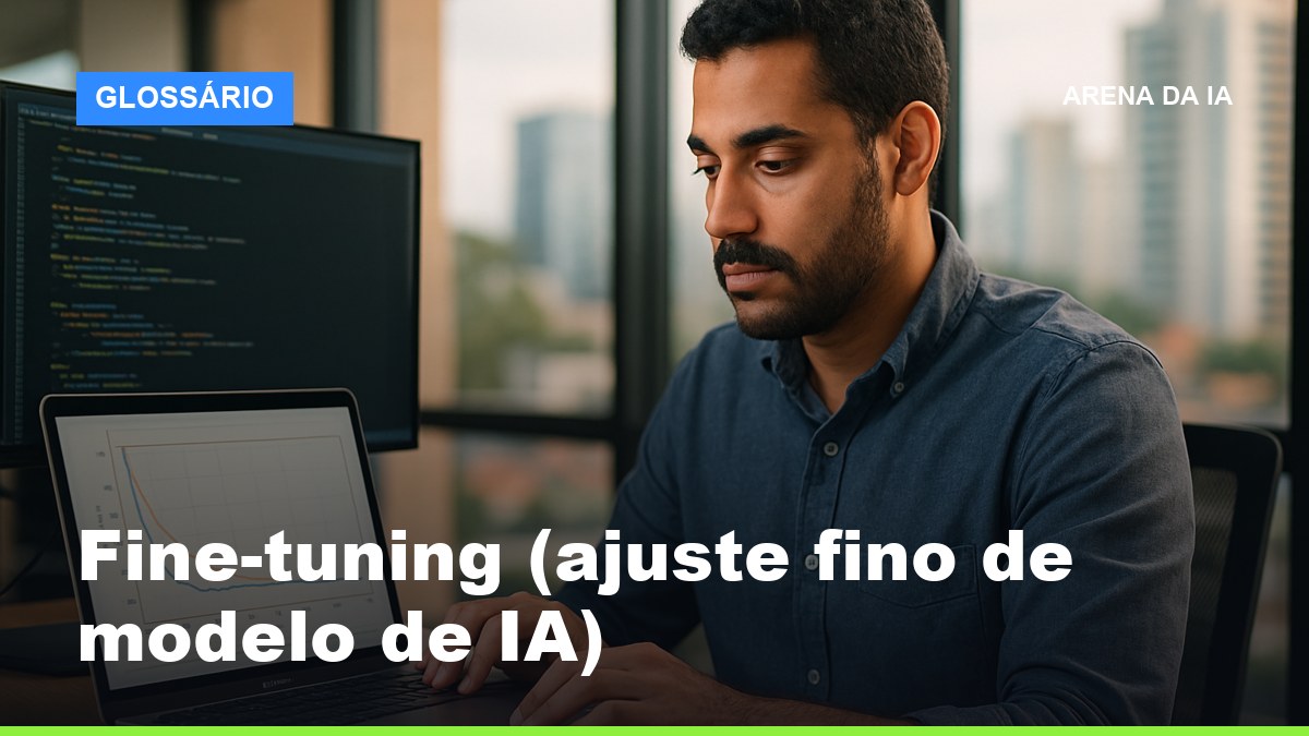 Engenheiro brasileiro fazendo fine-tuning de um modelo de IA no computador com curvas de treino na tela