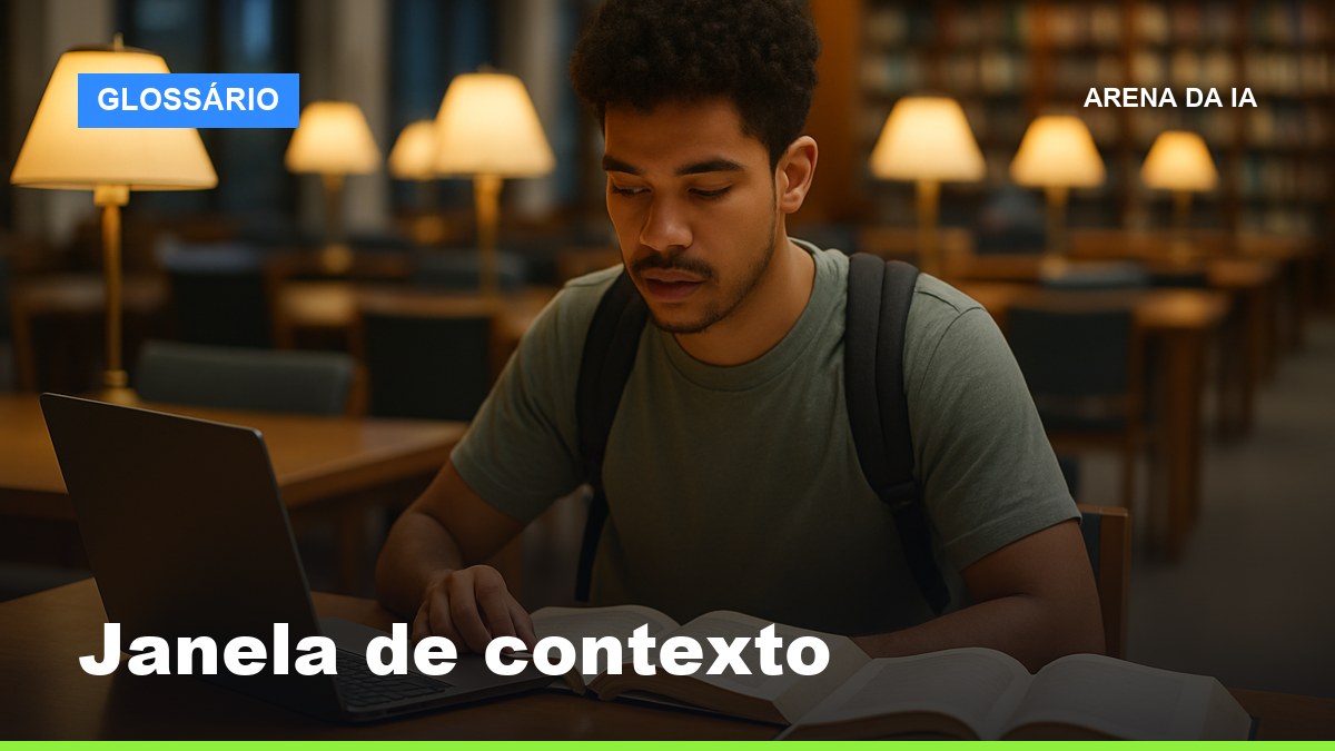 Estudante universitário brasileiro estudando conceitos de IA no laptop em biblioteca com livros ao redor