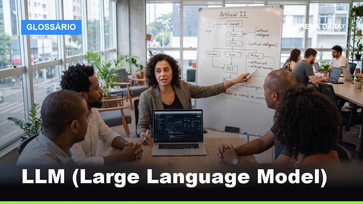 Educador de tecnologia explicando o que é LLM para grupo em coworking de São Paulo