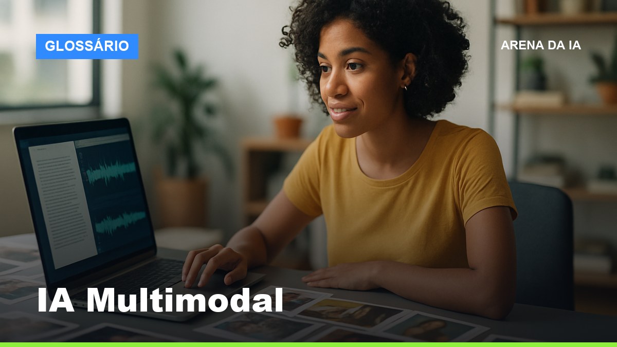 Profissional brasileira explorando IA multimodal com texto imagem e áudio em tela de laptop