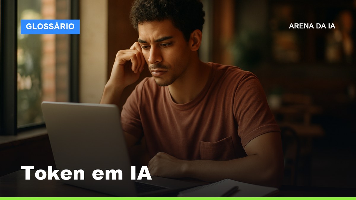 Estudante brasileiro aprendendo o que é token em IA com laptop aberto em café