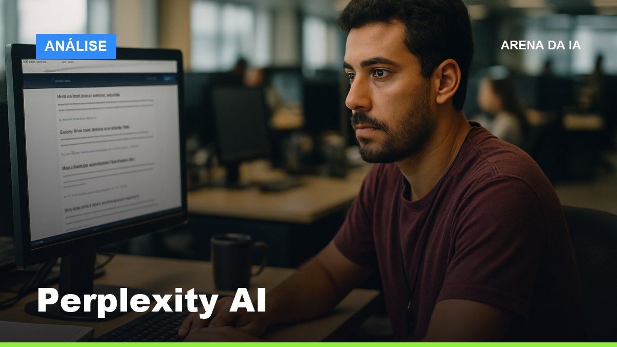Jornalista brasileiro pesquisando com o Perplexity AI em redação de São Paulo