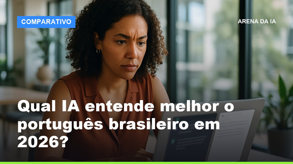Profissional brasileiro comparando qual IA entende melhor português no notebook em escritório com luz natural