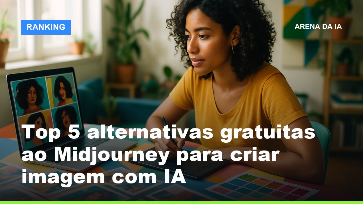 Criativa brasileira jovem analisando imagens geradas por IA em laptop com referências impressas na mesa colorida