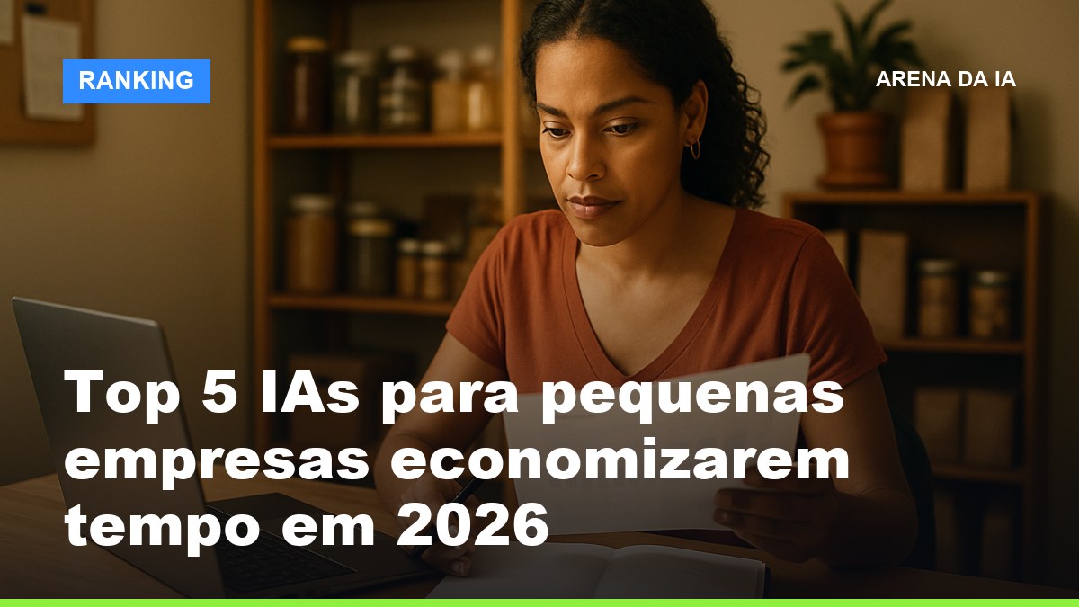 Empreendedora brasileira pequena empresa usando IA no laptop em escritório compacto com produtos na prateleira ao fundo
